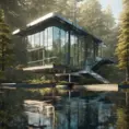 Beautiful futuristic architectural glass house in the forest on a large lake, 8k, Award-Winning, Highly Detailed, Beautiful, Epic, Octane Render, Unreal Engine, Radiant, Volumetric Lighting by Louis Comfort Tiffany