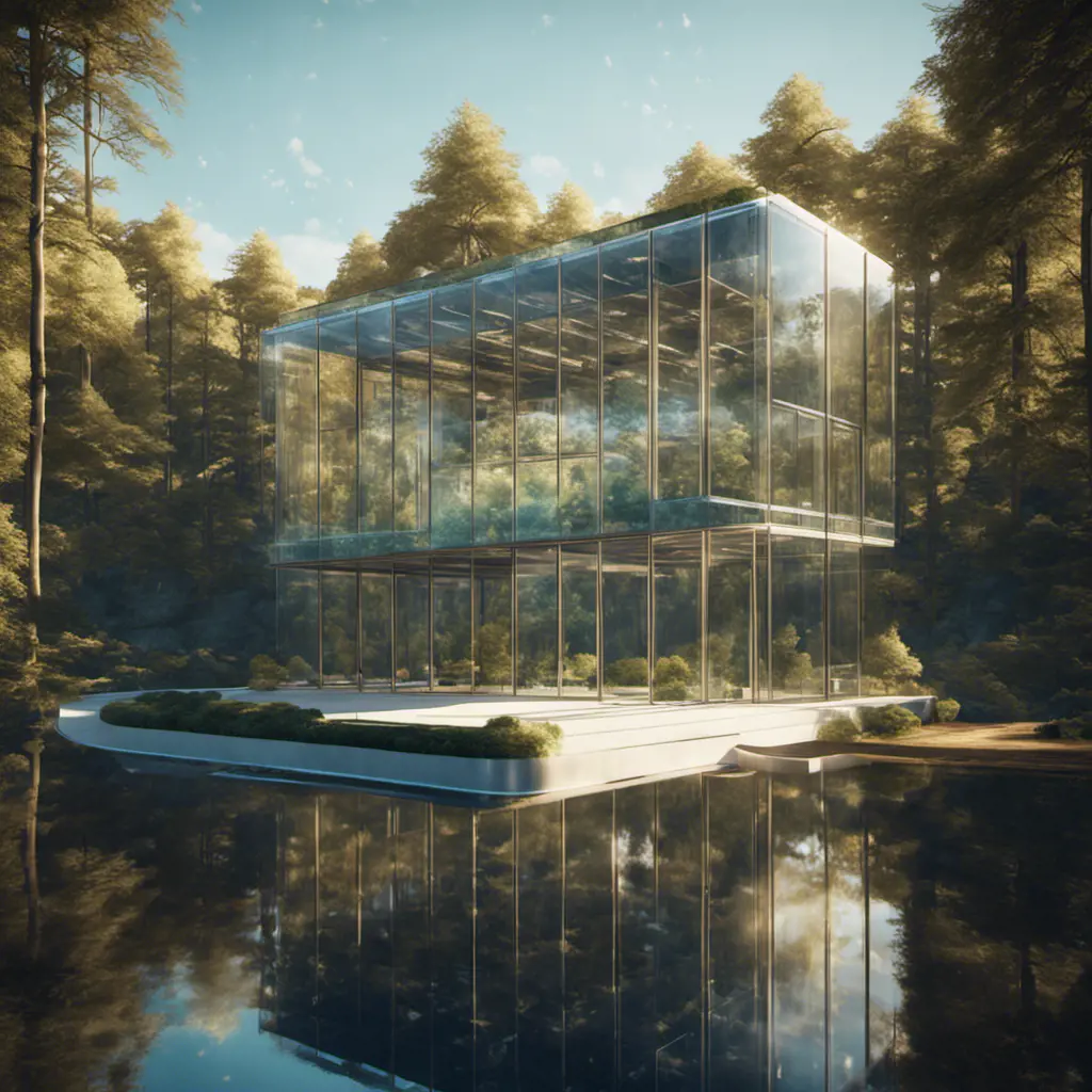 Beautiful futuristic architectural glass house in the forest on a large lake, 8k, Award-Winning, Highly Detailed, Beautiful, Epic, Octane Render, Unreal Engine, Radiant, Volumetric Lighting by Louis Comfort Tiffany