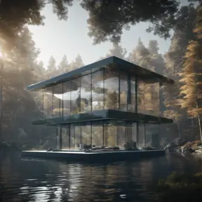 Beautiful futuristic architectural glass house in the forest on a large lake, 8k, Award-Winning, Highly Detailed, Beautiful, Epic, Octane Render, Unreal Engine, Radiant, Volumetric Lighting by Archillect