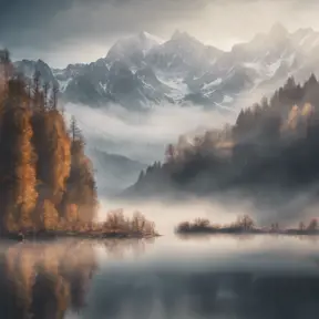 Snowy peaks Alps in fog near a lake surrounded by trees , Bokeh effect, Volumetric Lighting