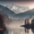 Snowy peaks Alps in fog near a lake surrounded by trees , Bokeh effect, Volumetric Lighting