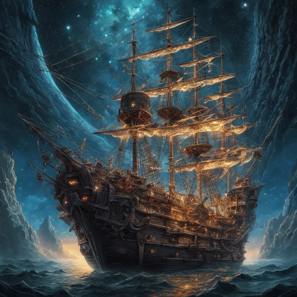 Pirate Ship, Intricate, Ultra Detailed, Symmetry, Beautiful, Sharp Focus, Astrophotography, Centered, Volumetric Lighting by Dan Mumford, Marc Simonetti