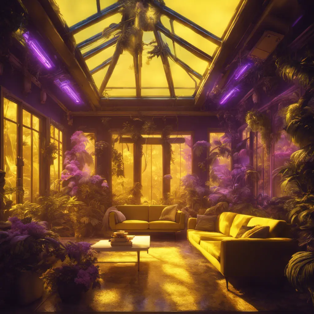 A beautiful render of a yellow city sunroom, galactic alien synthwave rainforest noir thermal imaging myst uv light, flowers, Highly Detailed, Cinematic Lighting, Neon, Concept Art