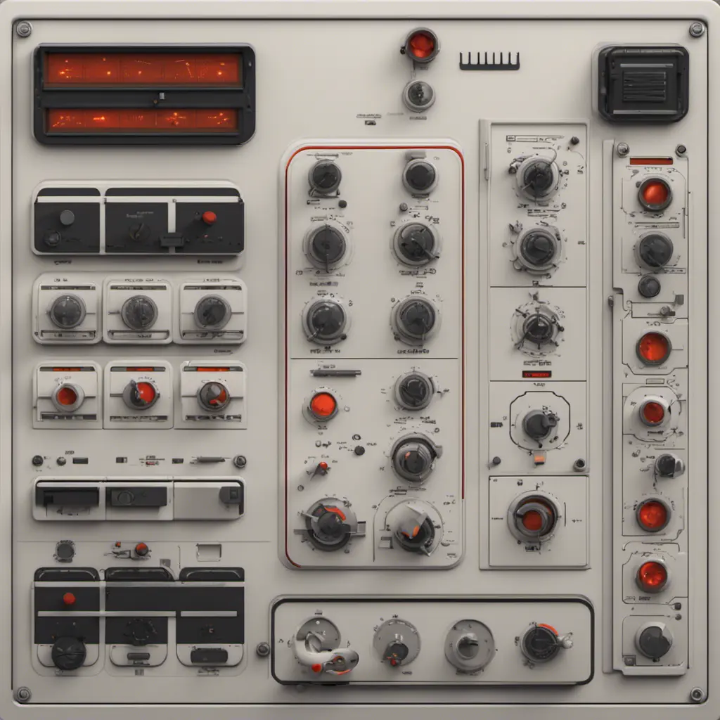 Soviet control panel for space craft designed by Dieter Rams, 8k, Highly Detailed, Vintage Illustration, Sharp Focus, Smooth, Octane Render