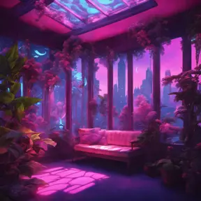 A beautiful render of city sunroom by georgia o'keeffe, galactic alien synthwave rainforest noir thermal imaging myst uv light, flowers, Highly Detailed, Cinematic Lighting, Neon, Concept Art