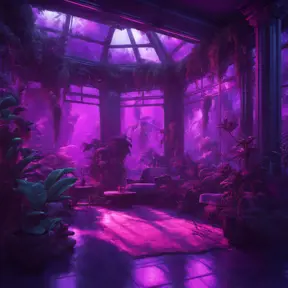 A beautiful render of a purple city sunroom, galactic alien synthwave rainforest noir thermal imaging myst uv light, flowers, Highly Detailed, Cinematic Lighting, Neon, Concept Art