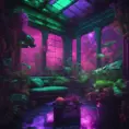 A beautiful render of a green city sunroom, galactic alien synthwave rainforest noir thermal imaging myst uv light, flowers, Highly Detailed, Cinematic Lighting, Neon, Concept Art