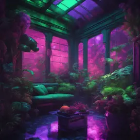 A beautiful render of a green city sunroom, galactic alien synthwave rainforest noir thermal imaging myst uv light, flowers, Highly Detailed, Cinematic Lighting, Neon, Concept Art