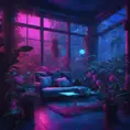A beautiful render of a blue city sunroom, galactic alien synthwave rainforest noir thermal imaging myst uv light, flowers, Highly Detailed, Cinematic Lighting, Neon, Concept Art