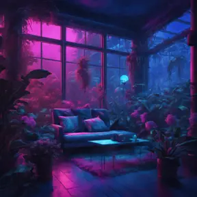 A beautiful render of a blue city sunroom, galactic alien synthwave rainforest noir thermal imaging myst uv light, flowers, Highly Detailed, Cinematic Lighting, Neon, Concept Art