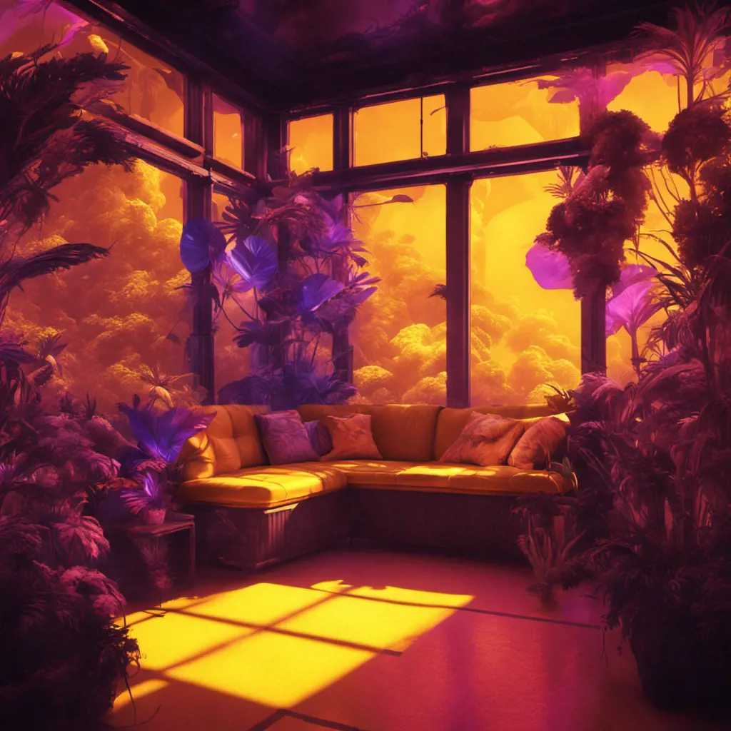 A beautiful render of a yellow city sunroom, galactic alien synthwave rainforest noir thermal imaging myst uv light, flowers, Highly Detailed, Cinematic Lighting, Neon, Concept Art