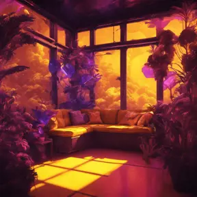 A beautiful render of a yellow city sunroom, galactic alien synthwave rainforest noir thermal imaging myst uv light, flowers, Highly Detailed, Cinematic Lighting, Neon, Concept Art