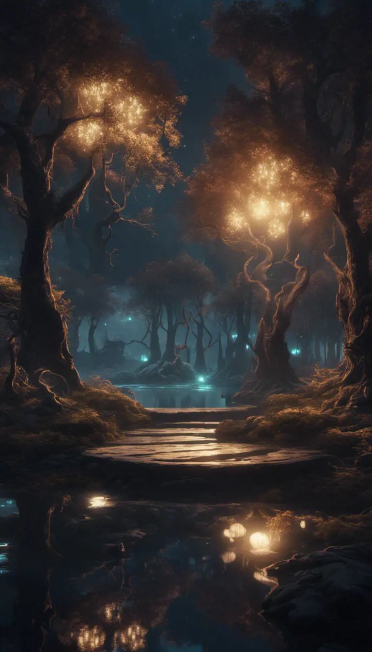 A magical pond in a fantasy forest with glowing trees at night, 4k, HQ, Intricate, Artstation, Cinematic Lighting, Photo Realistic, Sharp Focus, Unreal Engine, Dark