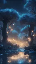 A magical pond in a fantasy forest with glowing blue trees at night, 4k, HQ, Intricate, Artstation, Cinematic Lighting, Photo Realistic, Sharp Focus, Unreal Engine, Dark