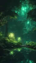 A magical pond in a fantasy forest with glowing green trees at night, 4k, HQ, Intricate, Artstation, Cinematic Lighting, Photo Realistic, Sharp Focus, Unreal Engine, Dark