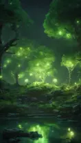 A magical pond in a fantasy forest with glowing green trees at night, 4k, HQ, Intricate, Artstation, Cinematic Lighting, Photo Realistic, Sharp Focus, Unreal Engine, Dark