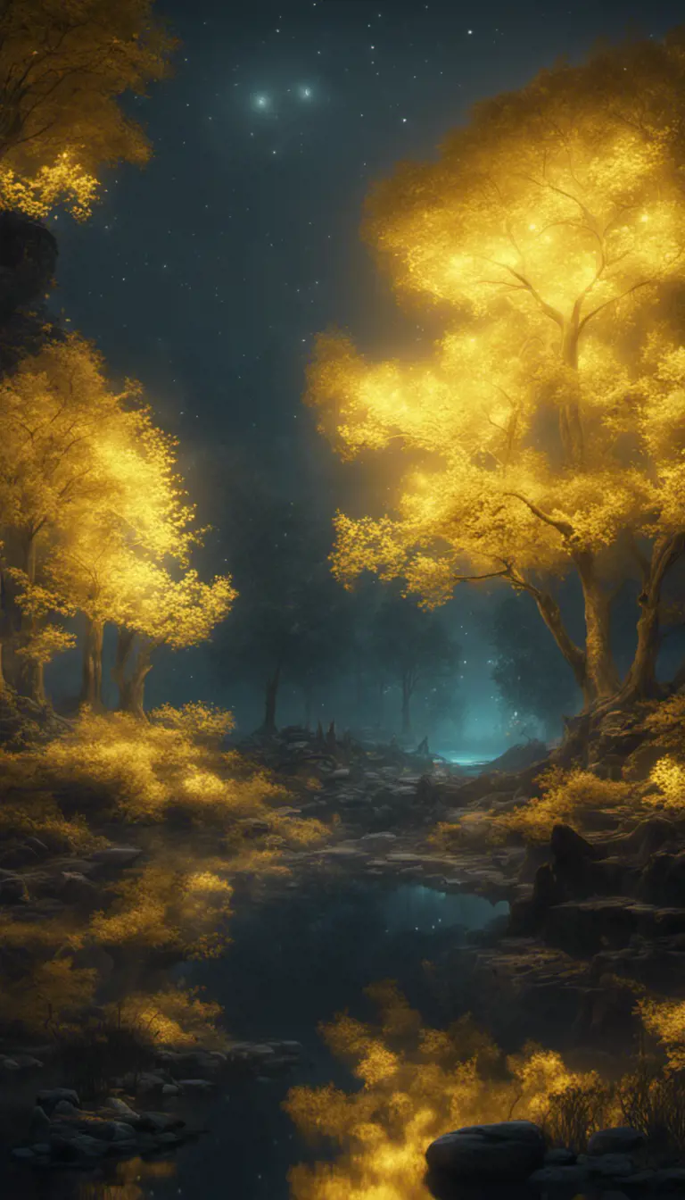 A magical pond in a fantasy forest with glowing yellow trees at night, 4k, HQ, Intricate, Artstation, Cinematic Lighting, Photo Realistic, Sharp Focus, Unreal Engine, Dark