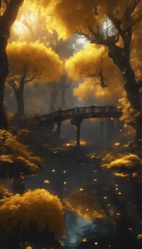 A magical pond in a fantasy forest with glowing yellow trees at night, 4k, HQ, Intricate, Artstation, Cinematic Lighting, Photo Realistic, Sharp Focus, Unreal Engine, Dark