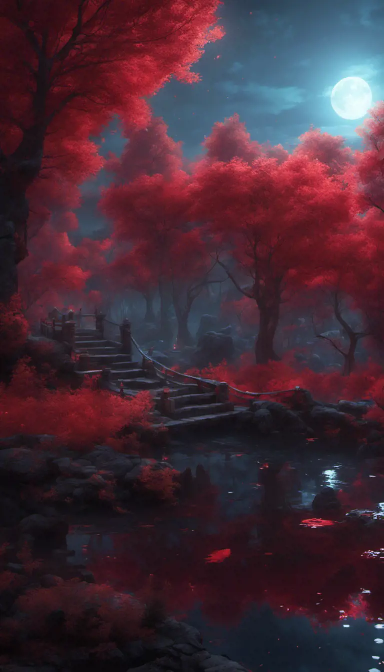 A magical pond in a fantasy forest with glowing red trees at night, 4k, HQ, Intricate, Artstation, Cinematic Lighting, Photo Realistic, Sharp Focus, Unreal Engine, Dark