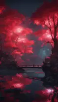 A magical pond in a fantasy forest with glowing red trees at night, 4k, HQ, Intricate, Artstation, Cinematic Lighting, Photo Realistic, Sharp Focus, Unreal Engine, Dark