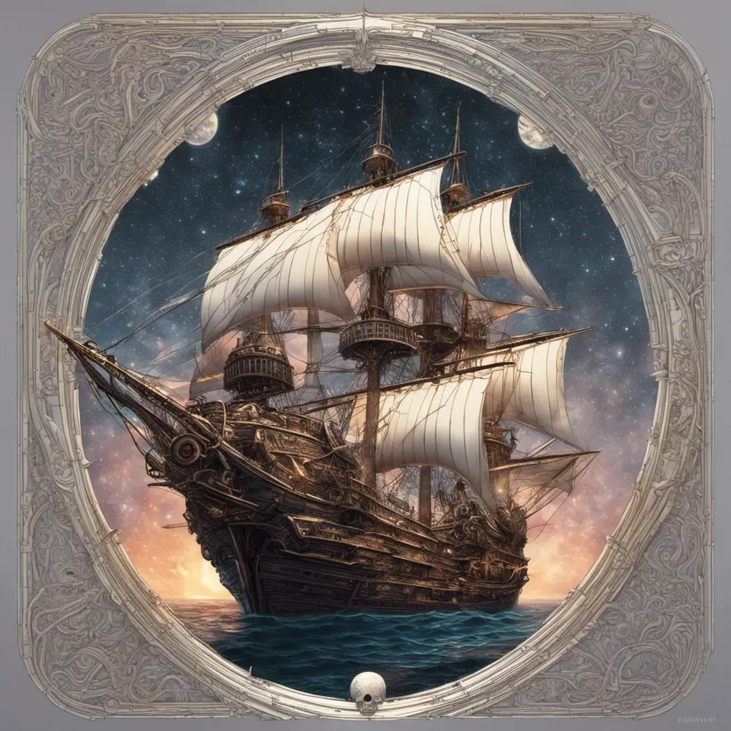 Pirate Ship, Intricate, Ultra Detailed, Symmetry, Beautiful, Sharp Focus, Astrophotography, Centered, Volumetric Lighting by Dan Mumford, Marc Simonetti