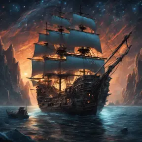 Pirate Ship, Intricate, Ultra Detailed, Symmetry, Beautiful, Sharp Focus, Astrophotography, Centered, Volumetric Lighting by Dan Mumford, Marc Simonetti