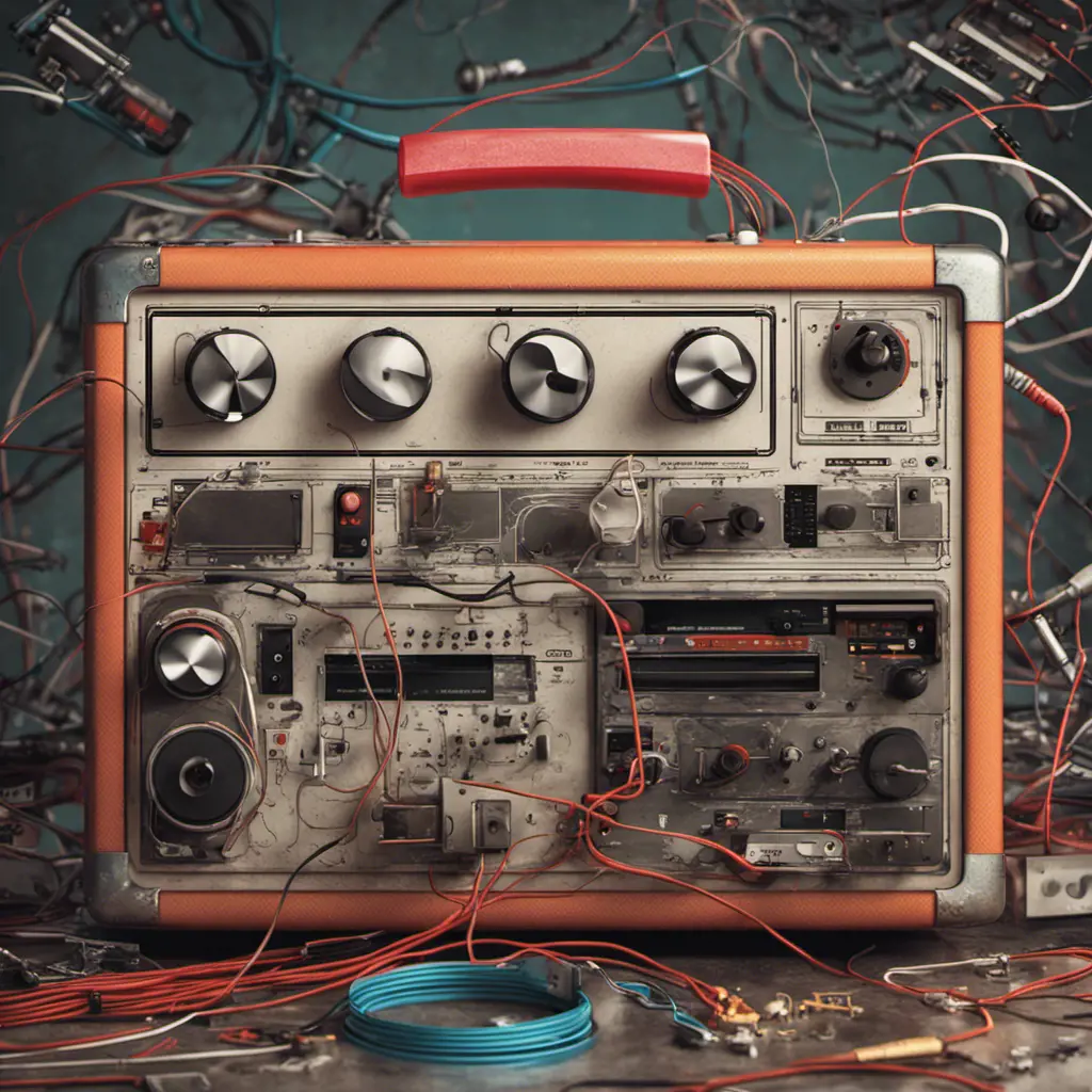 a bentobox that contains musical instruments including an 80's synthesizer at the bottom and effect pedals and tape cassette loopers, in the style of circuit bending, beat up, duct tape, screws, circuits, wires, dirty, broken, capacitors, cables, grunge, 8k, Highly Detailed, Vintage Illustration, Sharp Focus, Smooth, Octane Render