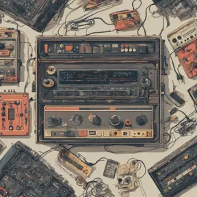 a bentobox that contains musical instruments including an 80's synthesizer at the bottom and effect pedals and tape cassette loopers, in the style of circuit bending, beat up, duct tape, screws, circuits, wires, dirty, broken, capacitors, cables, grunge, 8k, Highly Detailed, Vintage Illustration, Sharp Focus, Smooth, Octane Render