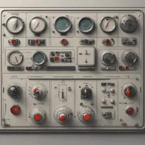 Soviet control panel for space craft designed by Dieter Rams, 8k, Highly Detailed, Vintage Illustration, Sharp Focus, Smooth, Octane Render