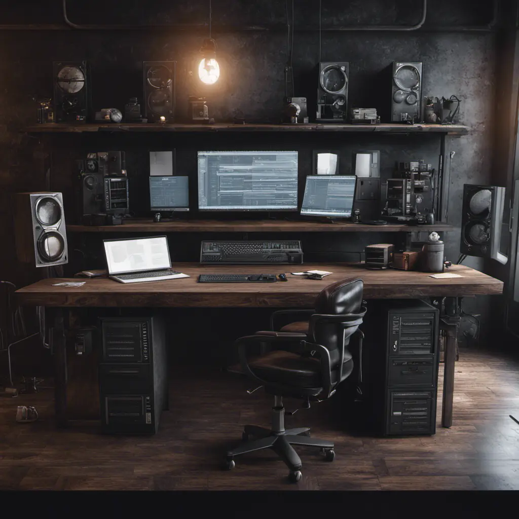 A dark industrial wood desk with many monitors, Photo Realistic, Volumetric light effect, Octane Render, Unreal Engine, Ambient Occlusion, Maximalism, Industrial