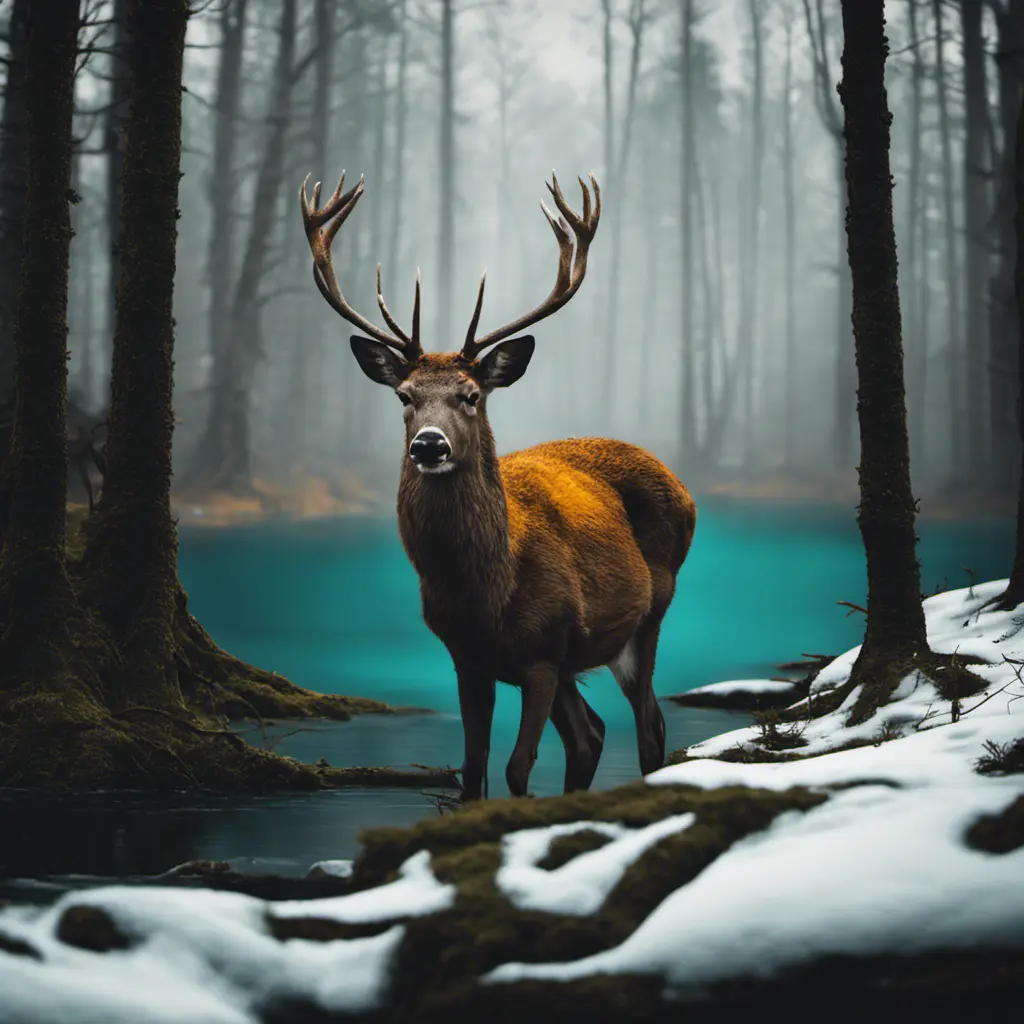 A deer among the trees, forest lake, moss, cold weather, dark teal and amber, Minimalism, Cinematic Lighting