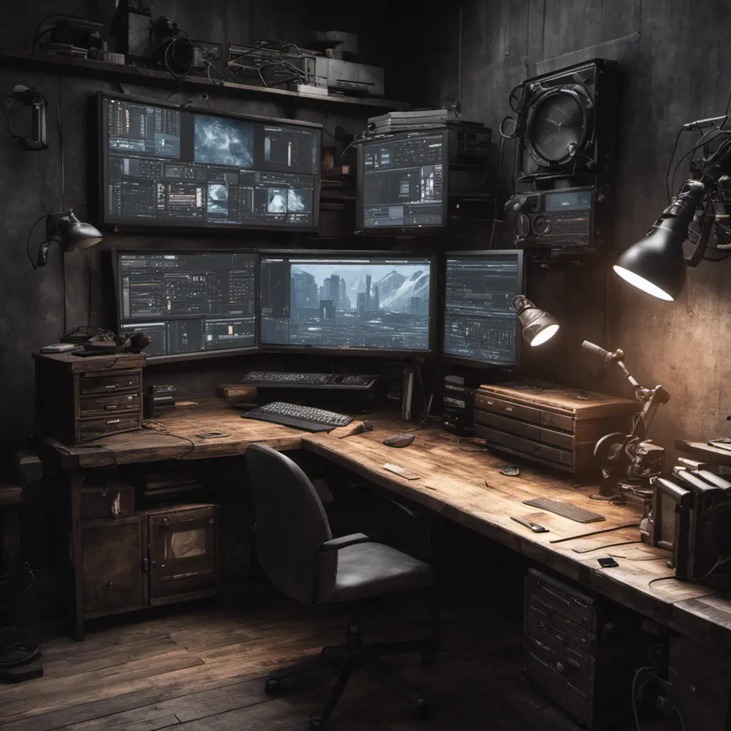 A dark industrial wood desk with many monitors, Photo Realistic, Volumetric light effect, Octane Render, Unreal Engine, Ambient Occlusion, Maximalism, Industrial