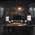 A dark industrial wood desk with many monitors, Photo Realistic, Volumetric light effect, Octane Render, Unreal Engine, Ambient Occlusion, Maximalism, Industrial
