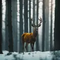 A deer among the trees, forest lake, moss, cold weather, dark teal and amber, Minimalism, Cinematic Lighting