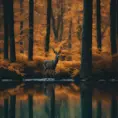 A deer among the trees, forest lake, moss, cold weather, dark teal and amber, Minimalism, Cinematic Lighting