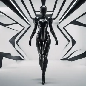 An ultrarealistic photograph of a minimalist futuristic full body power suit, without lights, made of black mate metal and polymer, full crystal hull, for a fit woman, 8k, Dystopian, Minimalism, Elegant