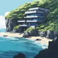 Grey concrete structure on a cliff, coastal view, contemporary, high contrast, cell shading, strong shadows, vivid hues, azure ocean, lush vegetation, tropical, Contemporary, Digital Painting, Anime, Cozy