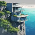 Grey concrete structure on a cliff, coastal view, contemporary, high contrast, cell shading, strong shadows, vivid hues, azure ocean, lush vegetation, tropical, Contemporary, Digital Painting, Anime, Cozy
