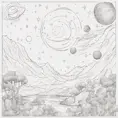 Coloring book with simple and artistic art of a constellation with shooting stars and the solar system, Matte Painting