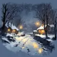 Tee shirt design Snowy midnight scene in winter. impressionist style, Matte Painting