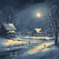 Tee shirt design Snowy midnight scene in winter. impressionist style, Matte Painting