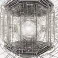 Drawing of a cosmic extraterrestrial technology healing chamber, with many cables connecting the chamber to a large translucent transparent crystal. a body silhouette inside. Ambient aircraft, Cybernatic and Sci-Fi