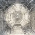 Drawing of a cosmic extraterrestrial technology healing chamber, with many cables connecting the chamber to a large translucent transparent crystal. a body silhouette inside. Ambient aircraft, Cybernatic and Sci-Fi