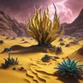 Create a surreal desert with alien plants, the plants are shaped like canary_yellow_perlwhite,are partially transparent with tentacles and spines, in the sand laying pearls,  backdrop is the storm of cosmic dust and cosmic clouds the heaven is dark colored unreal engine 6 color palette knives painting oel on canvas conzeptart , high qualty, cinema_stil, wide shot, Vibrant Colors