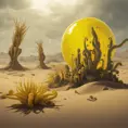 Create a surreal desert with alien plants, the plants are shaped like canary_yellow_perlwhite,are partially transparent with tentacles and spines, in the sand laying pearls,  backdrop is the storm of cosmic dust and cosmic clouds the heaven is dark colored unreal engine 6 color palette knives painting oel on canvas conzeptart , high qualty, cinema_stil, wide shot, Vibrant Colors