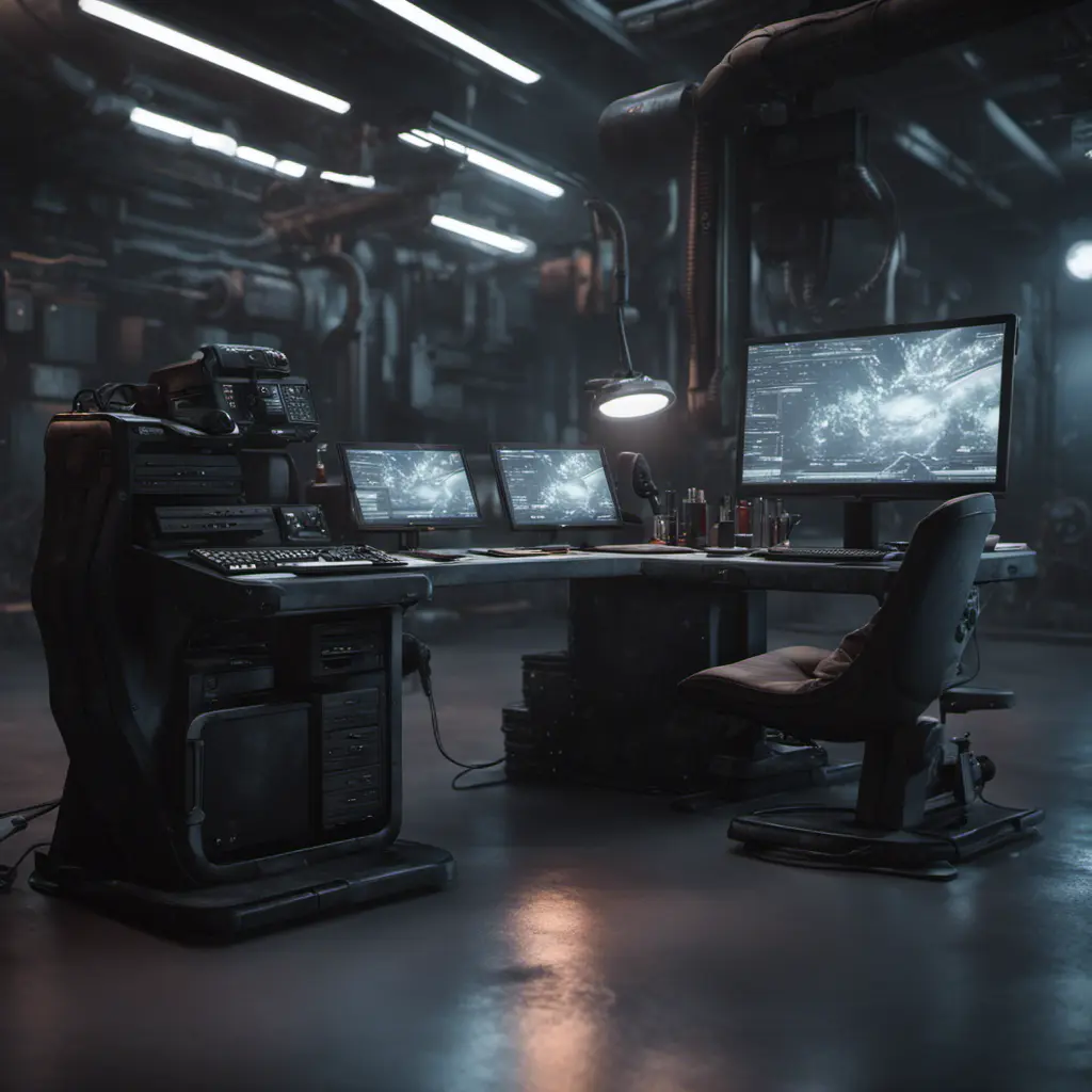 A dark industrial desk from the future with many monitors, Photo Realistic, Volumetric light effect, Octane Render, Unreal Engine, Ambient Occlusion, Maximalism, Industrial by Stefan Kostic