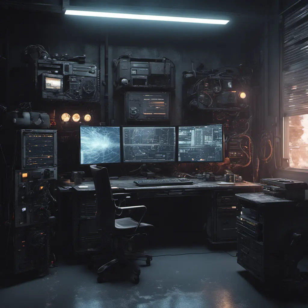 A dark industrial desk from the future with many monitors, Photo Realistic, Volumetric light effect, Octane Render, Unreal Engine, Ambient Occlusion, Maximalism, Industrial by Greg Rutkowski