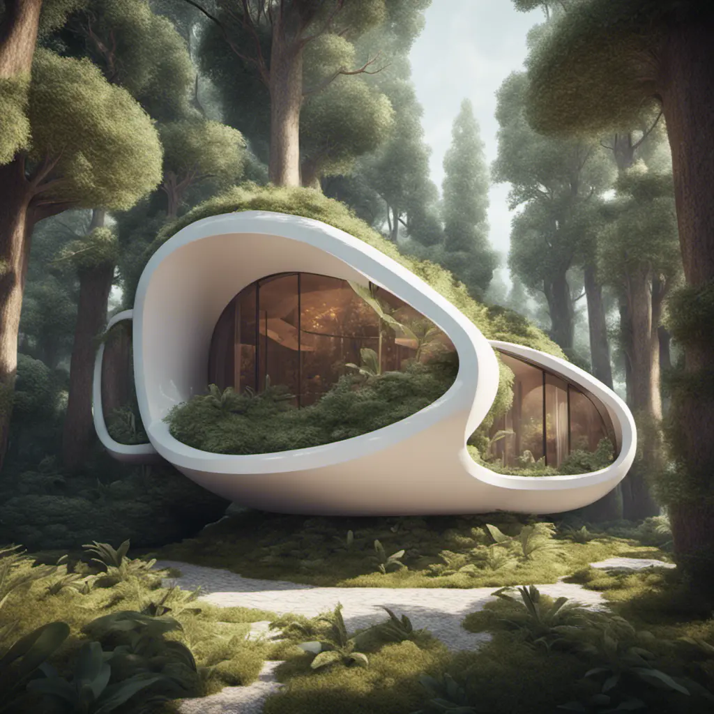 Beautiful futuristic organic house made from imaginary plants in a forest, 8k, Award-Winning, Highly Detailed, Beautiful, Epic, Octane Render, Unreal Engine, Radiant, Volumetric Lighting by Stefan Kostic