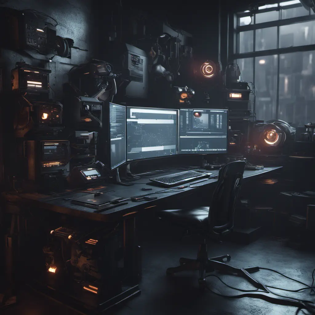 A dark industrial desk from the future with many monitors, Photo Realistic, Volumetric light effect, Octane Render, Unreal Engine, Ambient Occlusion, Maximalism, Industrial by Stanley Artgerm Lau