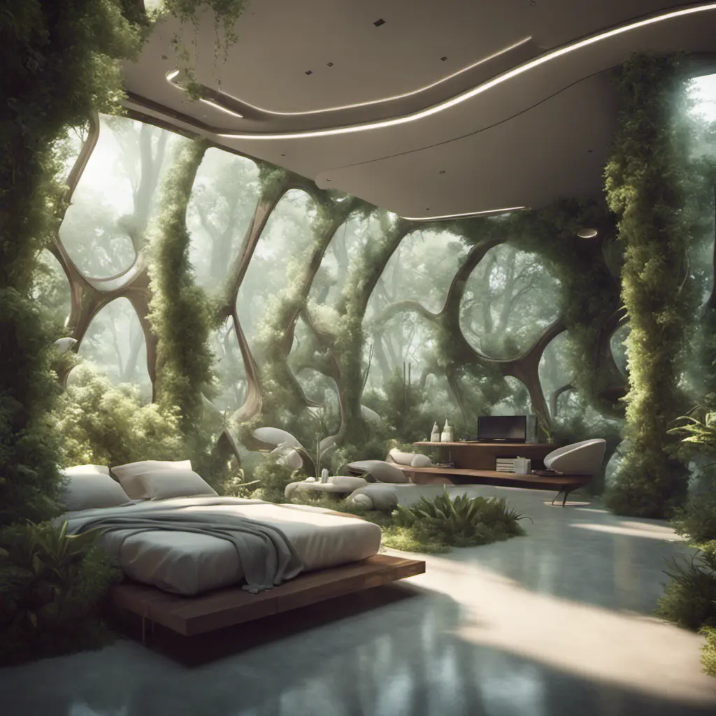 Beautiful futuristic organic house made from imaginary plants in a forest, 8k, Award-Winning, Highly Detailed, Beautiful, Epic, Octane Render, Unreal Engine, Radiant, Volumetric Lighting by WLOP